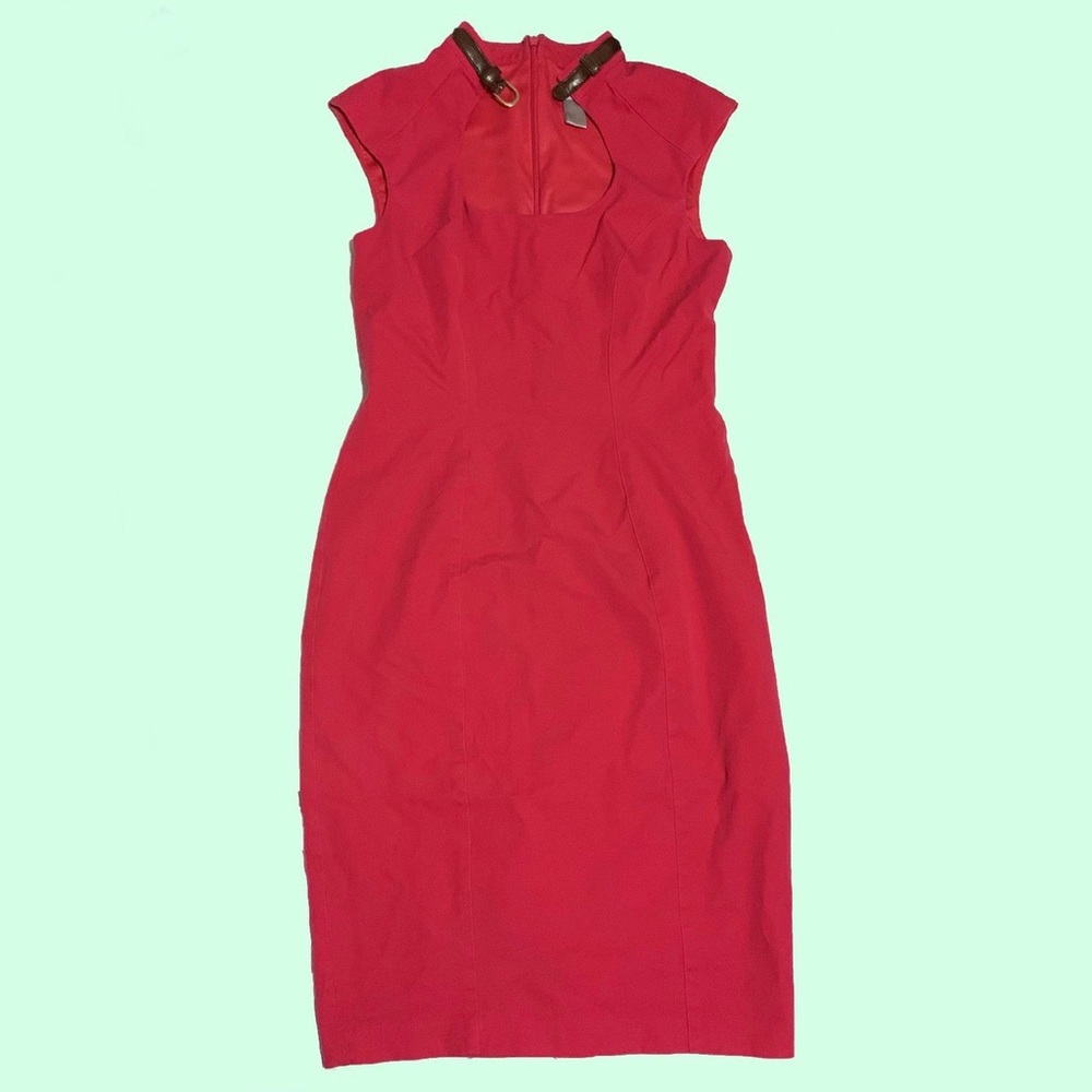 Hot Pink Belt Design Neck Bodycon Midi Dress